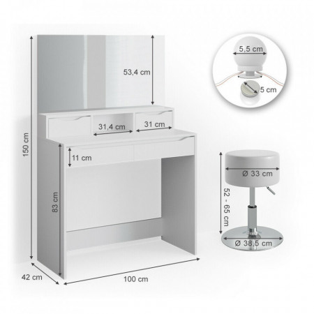 SEA341 - Set Masa alba toaleta moderna, 100 cm, cosmetica machiaj oglinda masuta vanity cu oglinda cu LED sau fara LED
