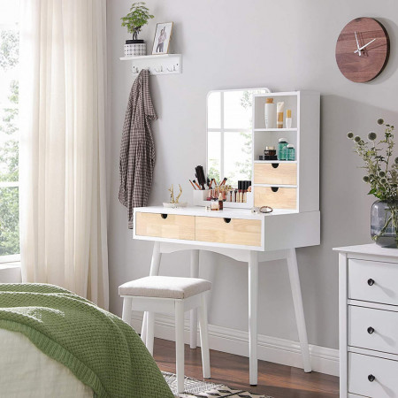 SEA342 - Set Masa toaleta cosmetica 90 cm machiaj masuta vanity, oglinda make-up, cosmetica cu scaun tapitat - Alb