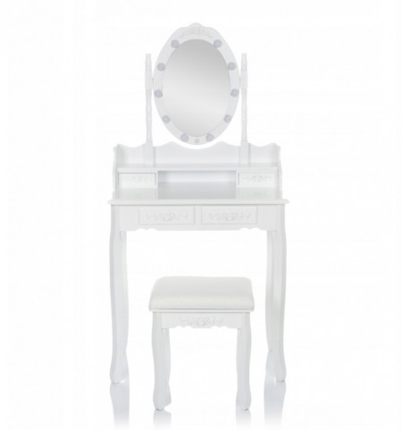SEA517 - Set Masa alba toaleta, 75 cm, cosmetica machiaj oglinda cu LED, masuta vanity, scaunel, taburet tapitat