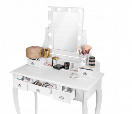 SEA521 - Set Masa alba toaleta, 80 cm, cosmetica machiaj oglinda cu LED, masuta vanity, scaunel, taburet tapitat
