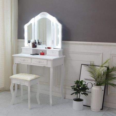 SEA536 - Set Masa alba toaleta, 75 cm, cosmetica machiaj oglinda cu LED, masuta vanity, scaunel, taburet tapitat
