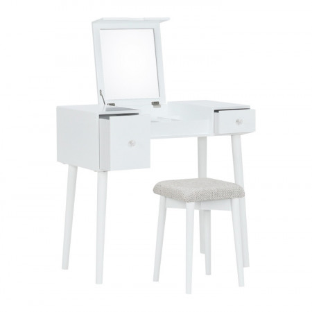 SEA605 - Set Masa toaleta, 80 cm, consola cosmetica machiaj masuta vanity make-up cu oglinda rabatabila si scaun tapitat- Alb