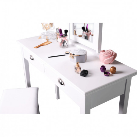 SEA606 - Set Masa toaleta, 100 cm, consola cosmetica machiaj masuta vanity make-up cu oglinda si scaun tapitat- Alb