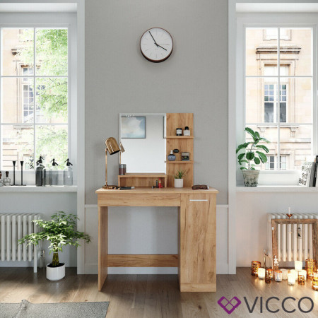 SEM218 - Set Masa toaleta, 90 cm, cosmetica machiaj oglinda cu sau fara LED, masuta vanity, cu sau fara scaunel - Maro