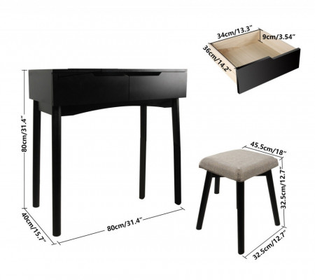 SEN232 - Set Masa toaleta, 80 cm, cosmetica machiaj, masuta vanity, birou, masuta de scris, scaunel, taburet tapitat - Negru