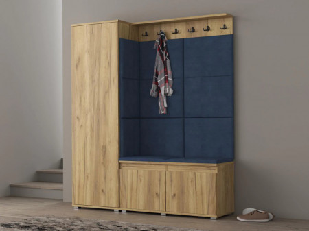 CUI518 - Cuier 154x37x177 cm - 6 agatatori haine, hol, pantofar - Culoare Stejar, tapiterie Verde/Gri/Albastru