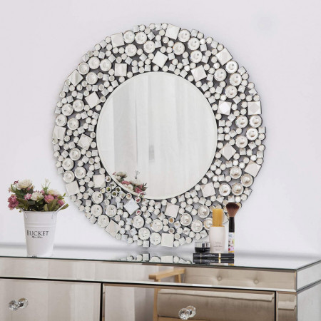 OGG4 - Oglinda rotunda 70 cm, pentru perete ornamentala dormitor, living - Argintie