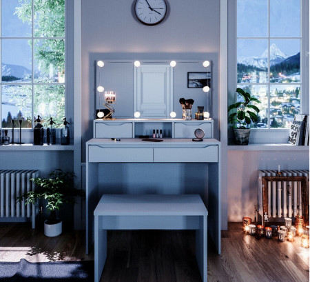 SEA341 - Set Masa alba toaleta moderna, 100 cm, cosmetica machiaj oglinda masuta vanity cu oglinda cu LED sau fara LED