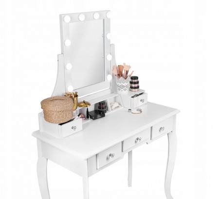 SEA521 - Set Masa alba toaleta, 80 cm, cosmetica machiaj oglinda cu LED, masuta vanity, scaunel, taburet tapitat