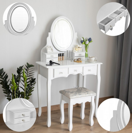 SEA530 - Set Masa toaleta, 80 cm, cosmetica machiaj, masuta cu oglinda cu LED si scaunel, taburet tapitat - Alb