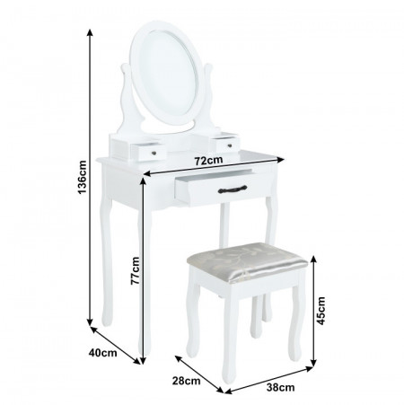 SEA607 - Set Masa toaleta, 72 cm, consola cosmetica machiaj masuta vanity make-up cu oglinda si scaun tapitat- Alb