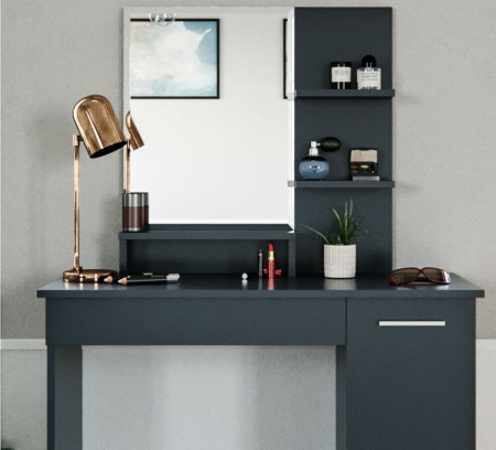 SEN229 - Set Masa toaleta, 90 cm, cosmetica machiaj oglinda cu sau fara LED, masuta vanity, cu sau fara scaunel - Antracit