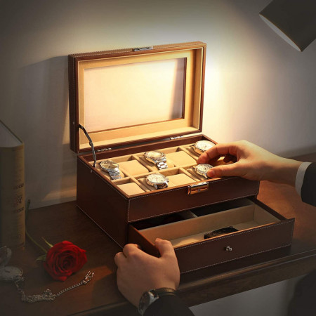 CJM1 - Cutie, cutiuta ceasuri, bijuterii, 28 cm, imitatie piele - Maro