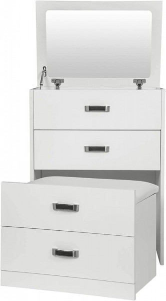 SEA285 - Set Masa toaleta, 60 cm, cosmetica machiaj cu oglinda, masuta vanity, scaun tapitat, comoda make-up- Alba
