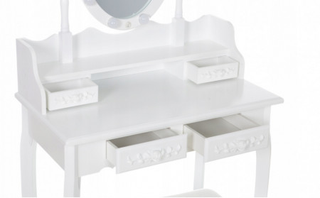 SEA517 - Set Masa alba toaleta, 75 cm, cosmetica machiaj oglinda cu LED, masuta vanity, scaunel, taburet tapitat