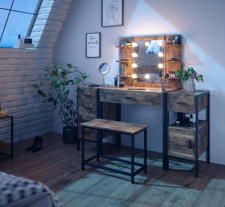 SEM229 - Set Masa toaleta, 140 cm, cosmetica machiaj oglinda cu sau fara LED, masuta vanity, cu sau fara bancuta - Maro stil industrial