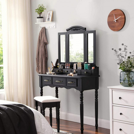 SEN231- Set Masa Neagra toaleta cosmetica machiaj oglinda masuta, scaunel taburet tapitat