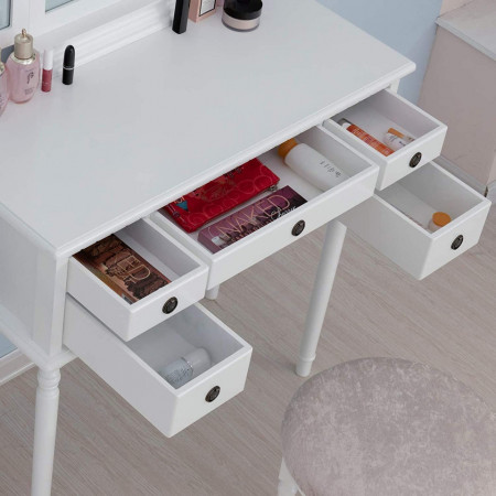 SEA161 - Set Masa toaleta cosmetica 85 cm machiaj masuta vanity, oglinda make-up, cosmetica cu scaun tapitat - Alb