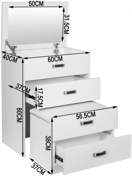 SEA285 - Set Masa toaleta, 60 cm, cosmetica machiaj cu oglinda, masuta vanity, scaun tapitat, comoda make-up- Alba