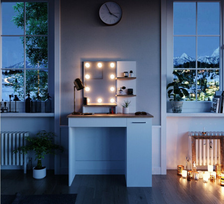 SEA293 - Set Masa toaleta, 90 cm, cosmetica machiaj oglinda cu sau fara LED, masuta vanity, cu sau fara scaunel - Alb-Maro