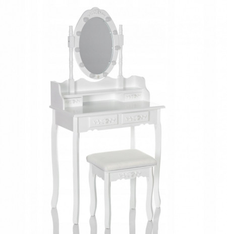 SEA517 - Set Masa alba toaleta, 75 cm, cosmetica machiaj oglinda cu LED, masuta vanity, scaunel, taburet tapitat