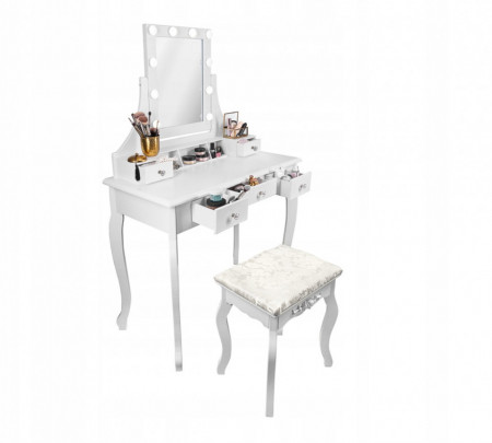 SEA521 - Set Masa alba toaleta, 80 cm, cosmetica machiaj oglinda cu LED, masuta vanity, scaunel, taburet tapitat