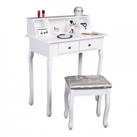 SEA601 - Set Masa toaleta, 80 cm, consola cosmetica machiaj masuta vanity make-up cu raft si scaun tapitat pentru hol - Alb
