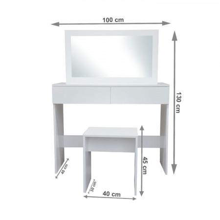 SEA604 - Set Masa toaleta, 100 cm, consola cosmetica machiaj masuta vanity make-up cu oglinda si scaun - Alb