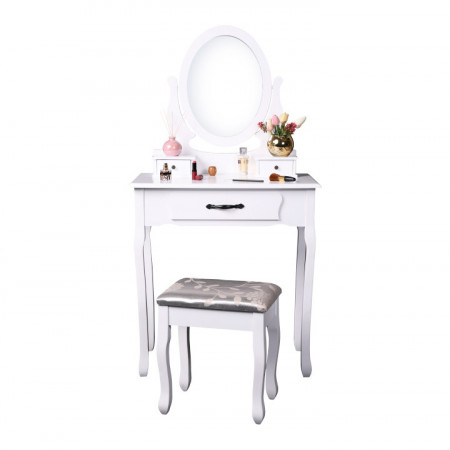 SEA607 - Set Masa toaleta, 72 cm, consola cosmetica machiaj masuta vanity make-up cu oglinda si scaun tapitat- Alb