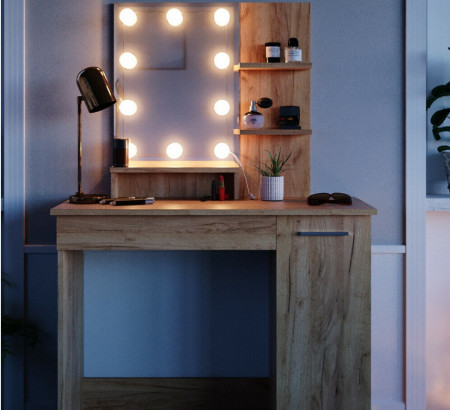 SEM218 - Set Masa toaleta, 90 cm, cosmetica machiaj oglinda cu sau fara LED, masuta vanity, cu sau fara scaunel - Maro