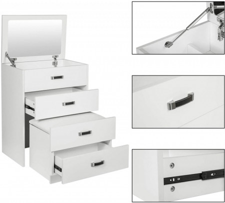 SEA285 - Set Masa toaleta, 60 cm, cosmetica machiaj cu oglinda, masuta vanity, scaun tapitat, comoda make-up- Alba