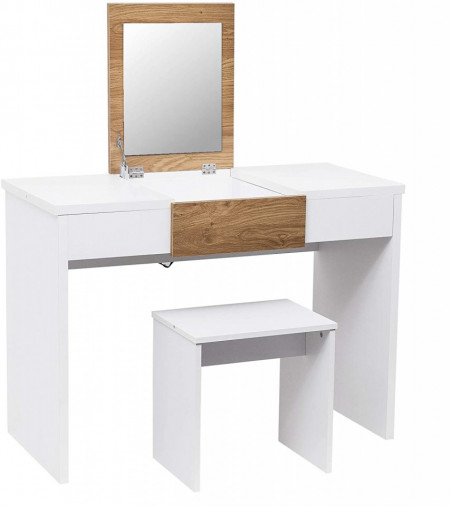SEA291 - Set Masa toaleta, 100 cm, cosmetica machiaj, oglinda rabatabila , masuta vanity, comoda make-up, scaun - Alb-Maro