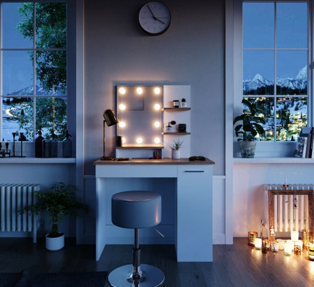 SEA293 - Set Masa toaleta, 90 cm, cosmetica machiaj oglinda cu sau fara LED, masuta vanity, cu sau fara scaunel - Alb-Maro