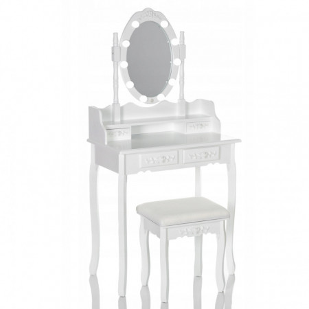 SEA517 - Set Masa alba toaleta, 75 cm, cosmetica machiaj oglinda cu LED, masuta vanity, scaunel, taburet tapitat