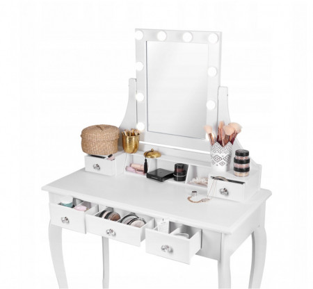 SEA521 - Set Masa alba toaleta, 80 cm, cosmetica machiaj oglinda cu LED, masuta vanity, scaunel, taburet tapitat