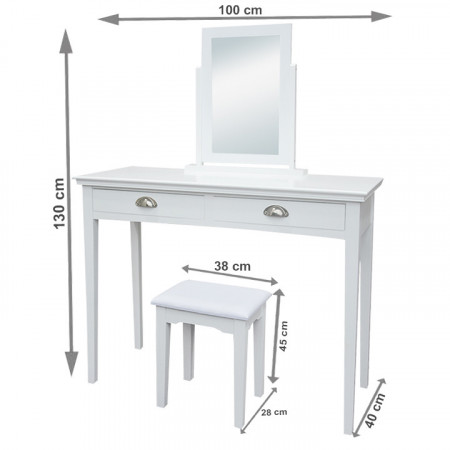 SEA606 - Set Masa toaleta, 100 cm, consola cosmetica machiaj masuta vanity make-up cu oglinda si scaun tapitat- Alb
