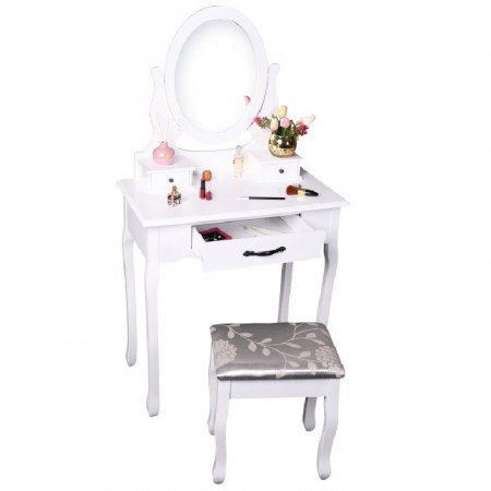 SEA607 - Set Masa toaleta, 72 cm, consola cosmetica machiaj masuta vanity make-up cu oglinda si scaun tapitat- Alb