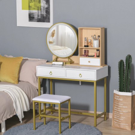 SEA70 - Set Masa toaleta, 90 cm, cosmetica machiaj, oglinda cu LED si scaun, masuta vanity - Alb-Auriu