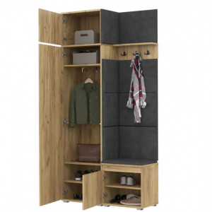 CUI512 - Cuier 104x37x214 cm - 3 agatatori haine, hol, pantofar - Stejar, tapiterie Turcoaz/Gri/Albastru