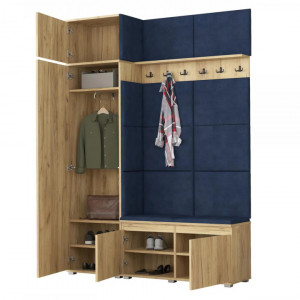 CUI521 - Cuier 154x37x214 cm - 6 agatatori haine, hol, pantofar - Culoarea Stejar, tapiterie Verde/Gri/Albastru
