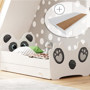 PAAC203 - Pat pentru fetite sau baieti, 80x160 cm, model Panda, cu somiera, saltea si sertar