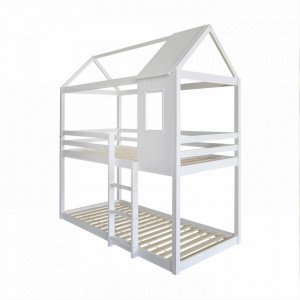 PAAC601 - Pat supraetajat casuta cu scara si bara protectie pentru 2 persoane, dormitor copii - 90 x 200 cm - Alb