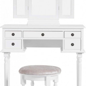 SEA161 - Set Masa toaleta cosmetica 85 cm machiaj masuta vanity, oglinda make-up, cosmetica cu scaun tapitat - Alb