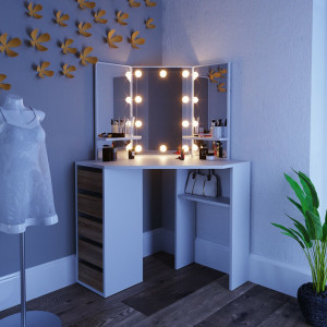 SEA274 - Set Masa toaleta cosmetica machiaj, cu oglinda make-up cu sau fara LED-uri, masuta vanity - Alb cu Maro pe colt