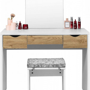 SEA286 - Set Masa toaleta, 100 cm, cosmetica machiaj cu oglinda, masuta vanity, scaun tapitat, comoda make-up - Alb sau Alb-Maro