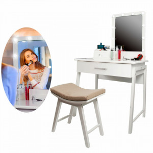 SEA287 - Set Masa toaleta, 80 cm, cosmetica machiaj, oglinda cu LED, masuta vanity, scaun tapitat, comoda make-up - Alb
