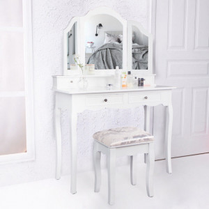SEA319 - Set Masa alba toaleta cosmetica machiaj oglinda masuta vanity si scaunel tapitat