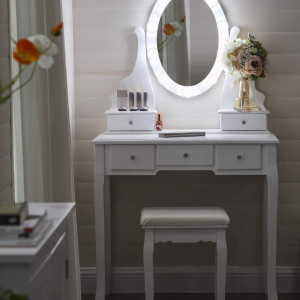 SEA343 - Set Masa toaleta cosmetica 80 cm machiaj masuta vanity, oglinda make-up cu LED, cosmetica cu scaun tapitat - Alb