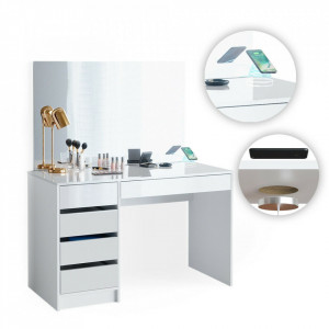 SEA352 - Set Masa toaleta, 120 cm, masuta vanity cu incarcare Qi, moderna cosmetica machiaj oglinda cu sau fara LED, cu sau fara scaun- Alb Lucios