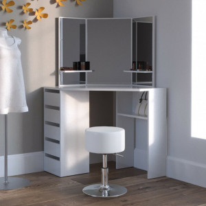 SEA354 - Set Masa alba toaleta cosmetica machiaj oglinda cu LED, masuta vanity pe colt cu incarcare USB